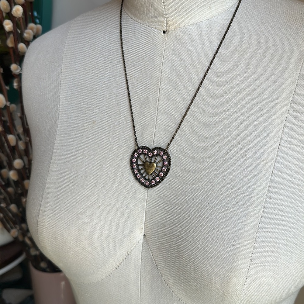 Betsey Johnson heart necklace! 💗 brass-toned with pink stones.